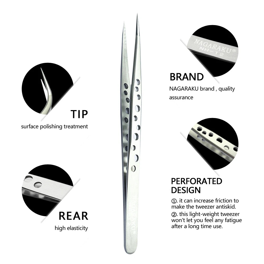 NAGARAKU Stainless Steel Straight Curved Nail Tools Volume Eyelash Accurate Tweezers Nippers Pointed Clip Set Makeup Tools