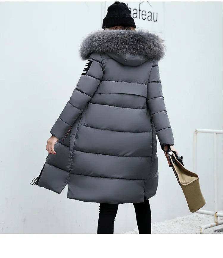 2024 Women's Down Parkas Winter Jacket Big Fur Collar Thick Slim Coat Fashion Hooded Cotton Outerwear Long Winter Woman Coat