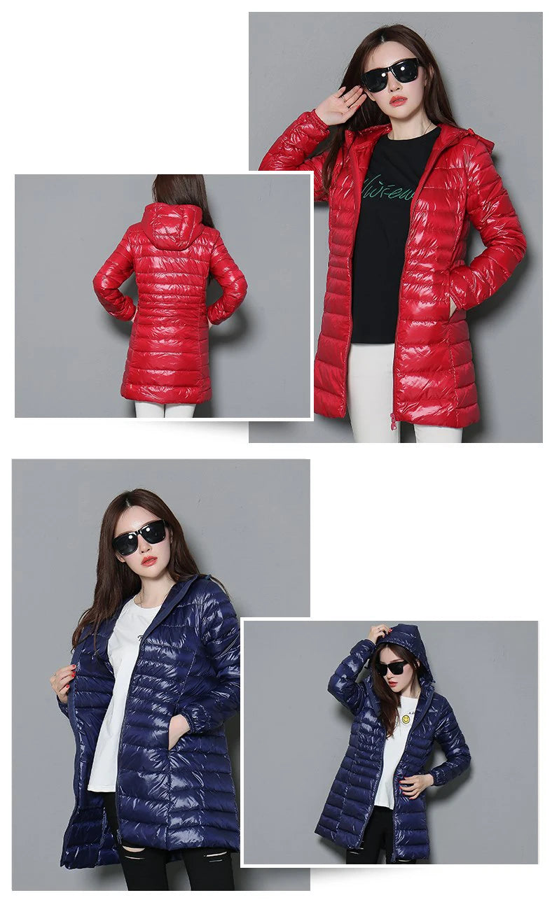 0-10℃ Winter Jackets Women White Duck Down Long Coat Female Hooded Quilted Parkas Ultra Light Portable Down Coats for Women