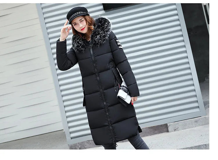 2024 Women's Down Parkas Winter Jacket Big Fur Collar Thick Slim Coat Fashion Hooded Cotton Outerwear Long Winter Woman Coat