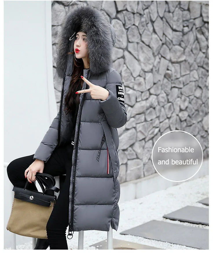 2024 Women's Down Parkas Winter Jacket Big Fur Collar Thick Slim Coat Fashion Hooded Cotton Outerwear Long Winter Woman Coat