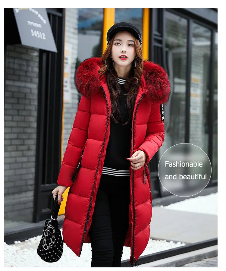 2024 Women's Down Parkas Winter Jacket Big Fur Collar Thick Slim Coat Fashion Hooded Cotton Outerwear Long Winter Woman Coat