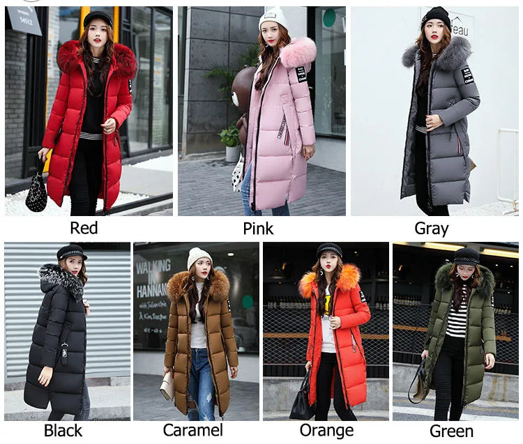 2024 Women's Down Parkas Winter Jacket Big Fur Collar Thick Slim Coat Fashion Hooded Cotton Outerwear Long Winter Woman Coat