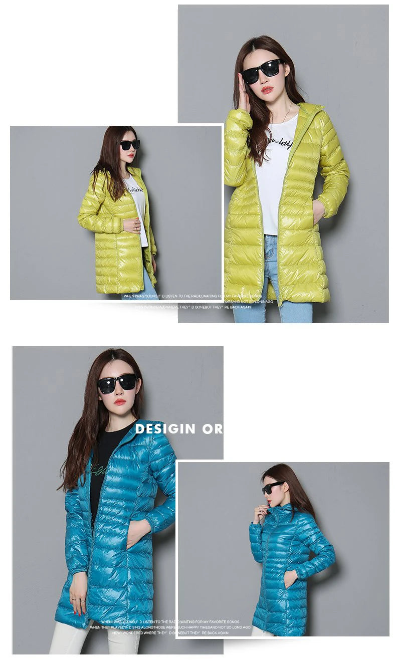 0-10℃ Winter Jackets Women White Duck Down Long Coat Female Hooded Quilted Parkas Ultra Light Portable Down Coats for Women