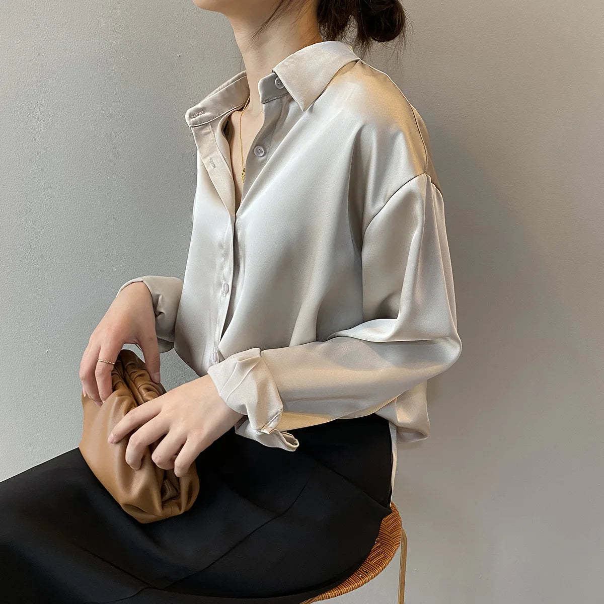 Spring Fashion Button Up Silk Shirt Vintage Blouse Women Satin Tops Office Lady Elegant Long Sleeves Female Loose Shirts 11355