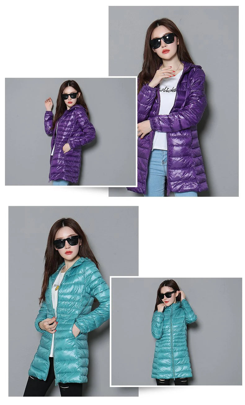 0-10℃ Winter Jackets Women White Duck Down Long Coat Female Hooded Quilted Parkas Ultra Light Portable Down Coats for Women