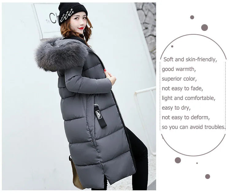 2024 Women's Down Parkas Winter Jacket Big Fur Collar Thick Slim Coat Fashion Hooded Cotton Outerwear Long Winter Woman Coat