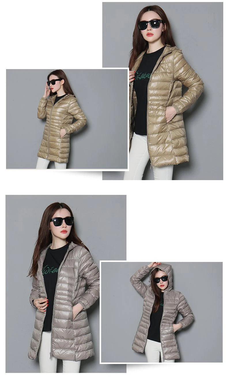 0-10℃ Winter Jackets Women White Duck Down Long Coat Female Hooded Quilted Parkas Ultra Light Portable Down Coats for Women