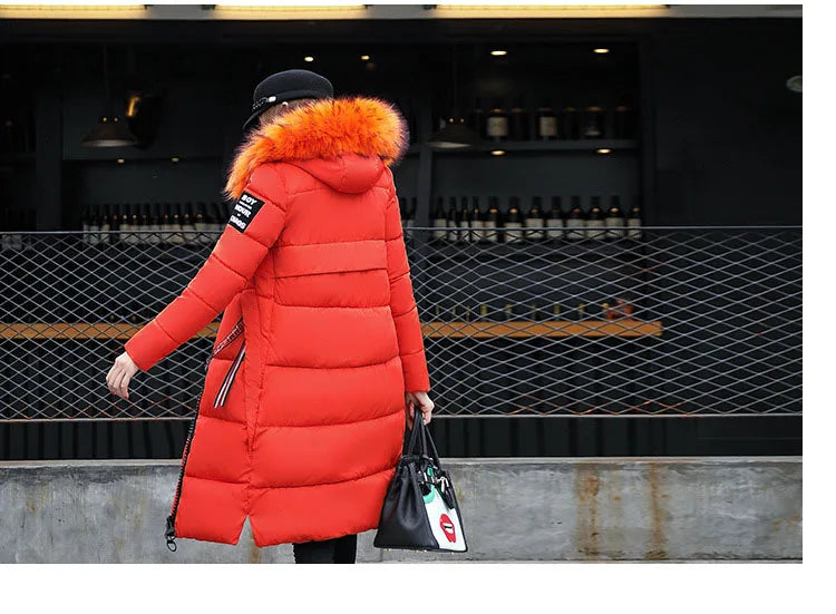 2024 Women's Down Parkas Winter Jacket Big Fur Collar Thick Slim Coat Fashion Hooded Cotton Outerwear Long Winter Woman Coat