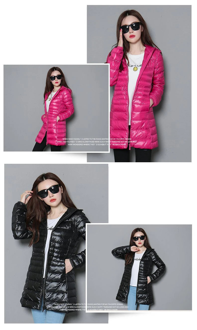 0-10℃ Winter Jackets Women White Duck Down Long Coat Female Hooded Quilted Parkas Ultra Light Portable Down Coats for Women