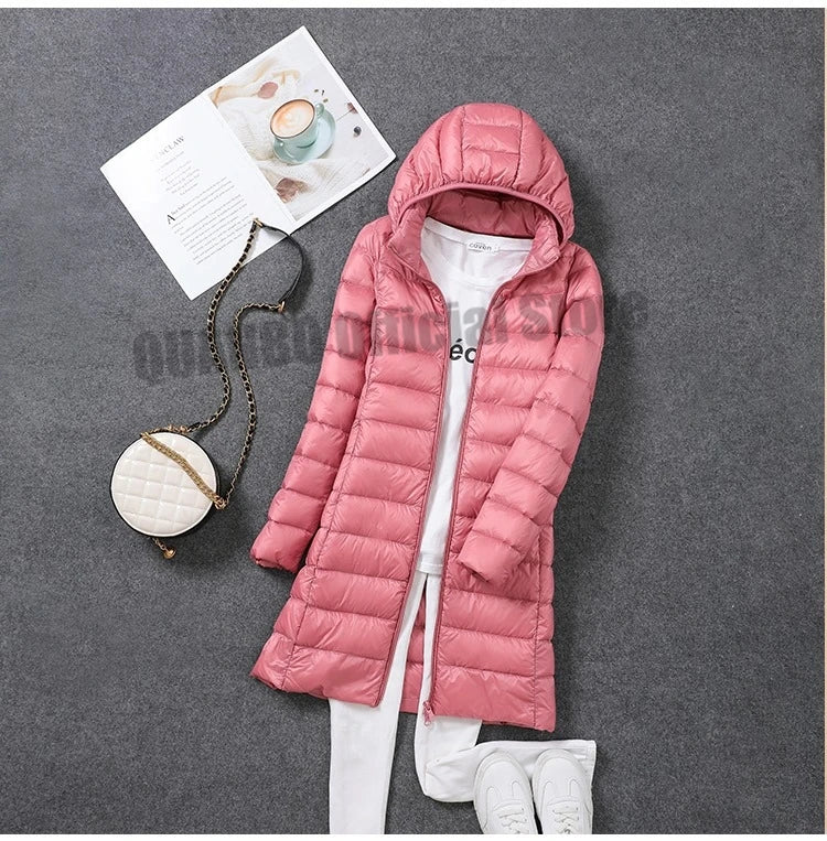 2024 Women Spring Jacket Ultralight Thin Packable Down Long Jacket  Female Hat Detachable Slim Fit Skirt Coat Portable Outwear