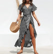 Summer Beach Maxi Dress Women Floral Print Boho Long Chiffon Dress Ruffles Wrap Casual V-Neck Split Sexy Party Dress Robe Femme