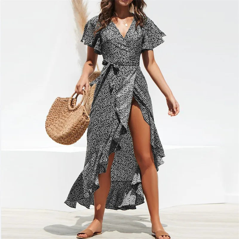 Summer Beach Maxi Dress Women Floral Print Boho Long Chiffon Dress Ruffles Wrap Casual V-Neck Split Sexy Party Dress Robe Femme