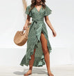 Summer Beach Maxi Dress Women Floral Print Boho Long Chiffon Dress Ruffles Wrap Casual V-Neck Split Sexy Party Dress Robe Femme