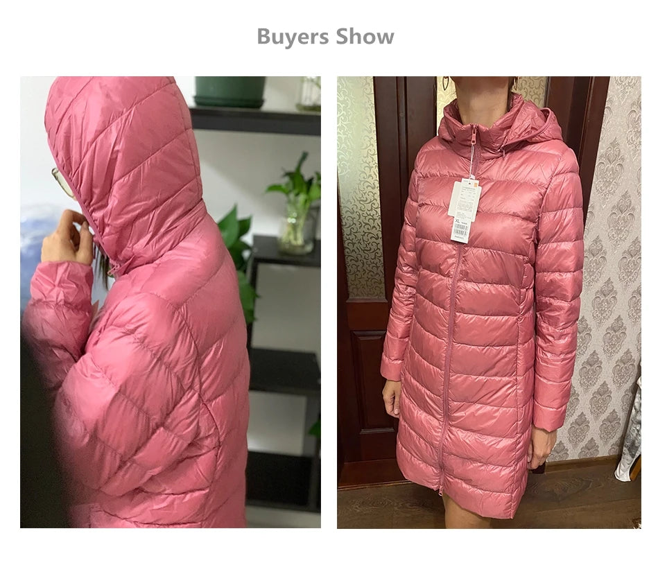 2024 Women Spring Jacket Ultralight Thin Packable Down Long Jacket  Female Hat Detachable Slim Fit Skirt Coat Portable Outwear