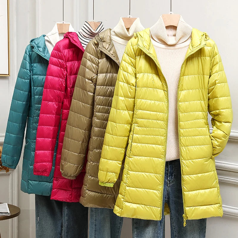 0-10℃ Women Puffer Jackets Ultralight Duck Down Jacket 2024 Autumn Winter Portable Hooded Parka Coat Windproof Outwear 6XL 7XL