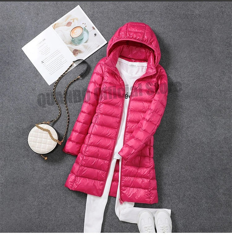 2024 Women Spring Jacket Ultralight Thin Packable Down Long Jacket  Female Hat Detachable Slim Fit Skirt Coat Portable Outwear