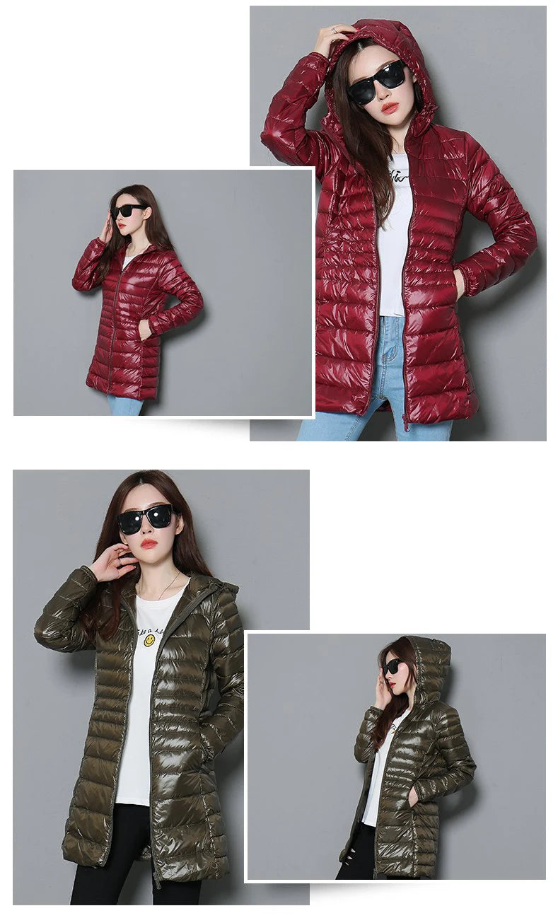 0-10℃ Winter Jackets Women White Duck Down Long Coat Female Hooded Quilted Parkas Ultra Light Portable Down Coats for Women