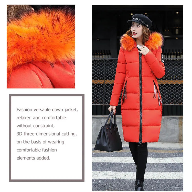 2024 Women's Down Parkas Winter Jacket Big Fur Collar Thick Slim Coat Fashion Hooded Cotton Outerwear Long Winter Woman Coat