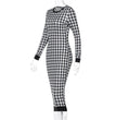 Houndstooth Print Women Long Sleeve Midi Dress Hollow Out Bodycon Sexy Streetwear 2022 Autumn Winter Club Elegant Slim