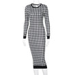 Houndstooth Print Women Long Sleeve Midi Dress Hollow Out Bodycon Sexy Streetwear 2022 Autumn Winter Club Elegant Slim