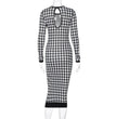 Houndstooth Print Women Long Sleeve Midi Dress Hollow Out Bodycon Sexy Streetwear 2022 Autumn Winter Club Elegant Slim