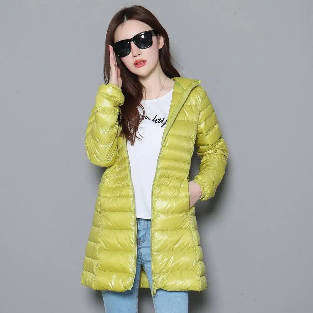 0-10℃ Winter Jackets Women White Duck Down Long Coat Female Hooded Quilted Parkas Ultra Light Portable Down Coats for Women