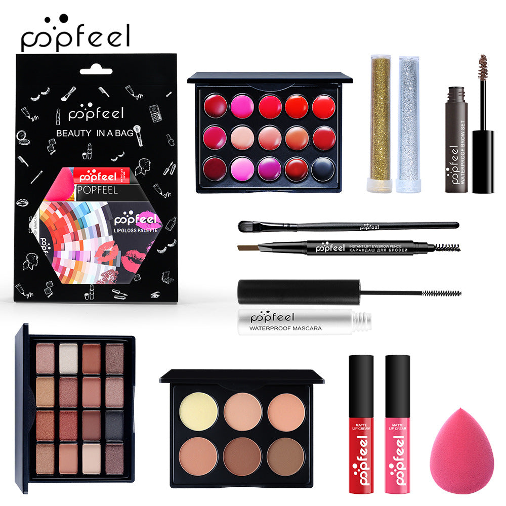 POPFEEL Makeup Full Kit Female Make Up Set Eye Shadow Eyeshadow Palette Lip Gloss Mascara Eyeliner Brushes Bag Make-up for Women