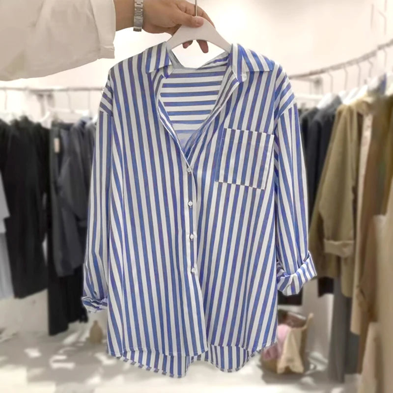 2024 Autumn New Korean Style Loose Casual Free Size Small Fresh Vertical Blue Striped Long-Sleeved Shirt Ladies With Coat Blouse