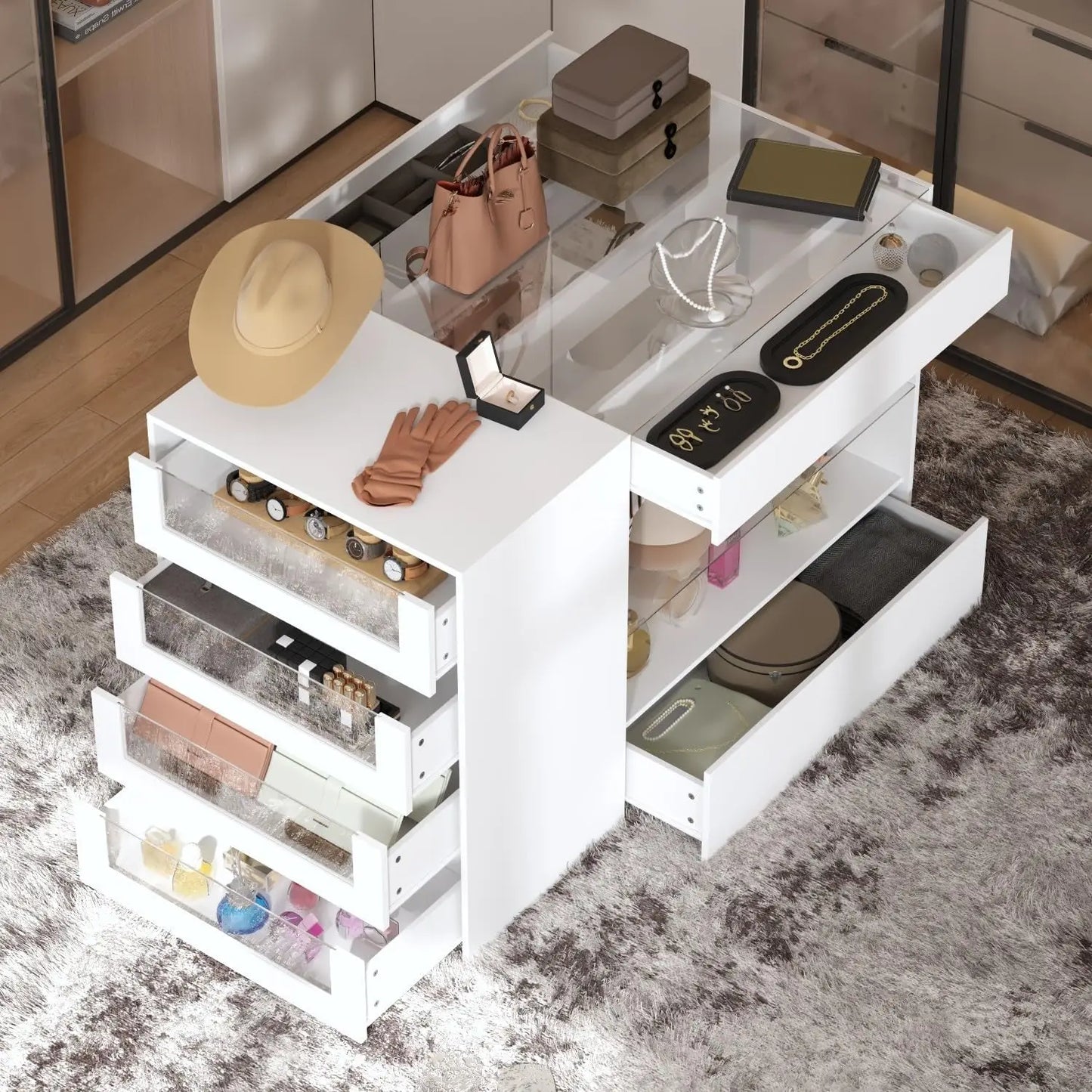 8-Drawer Glass Tabletop Island Wardrobe Closet with Jewelry Organizer Modern White Bedroom Dresser & Display Cabinet PB/Glass