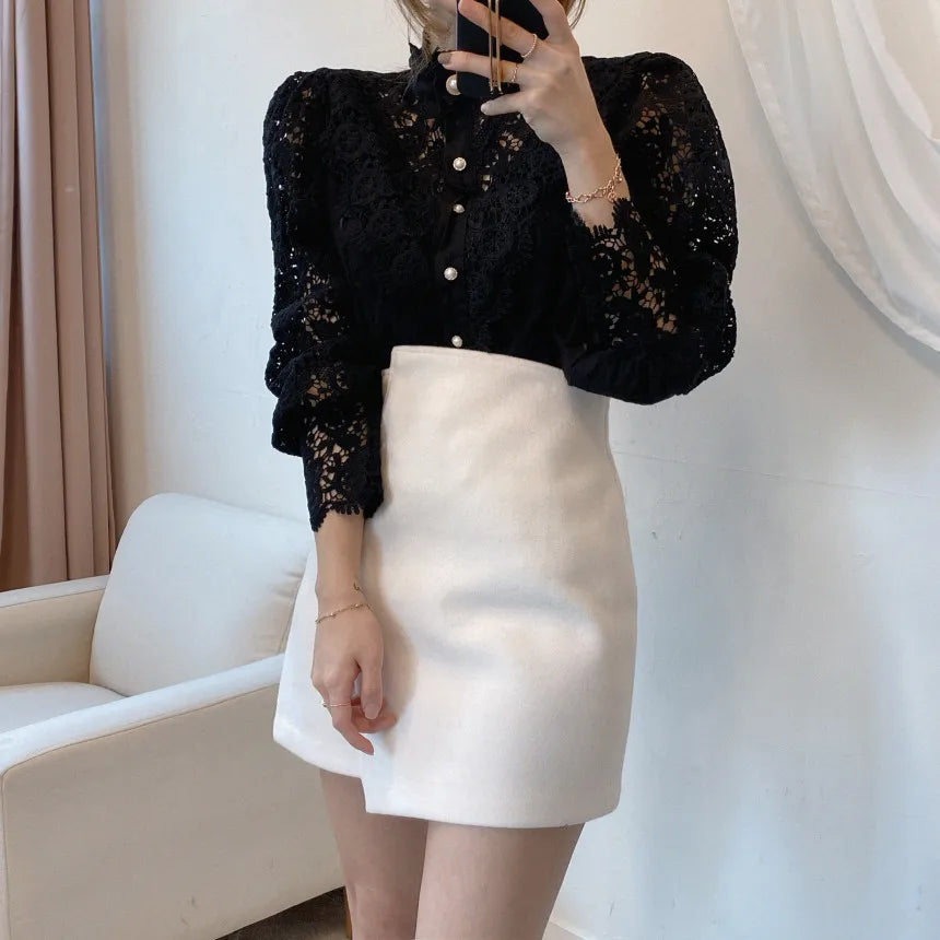 Fashion Long Sleeve Women Blouse Hollow Out Lace Blouse Shirt Tops Women Blusas Mujer De Moda 2024 Blouses Femme Women Shirts