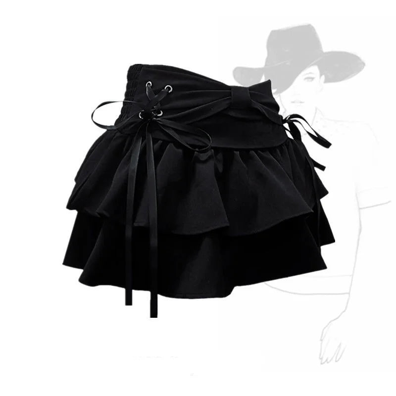 Blue Denim Pleated Skirt Bow Fold Design Women's A-line Short Skirt Built in Shorts American Spicy Girl Korean Fashion Hotsweet