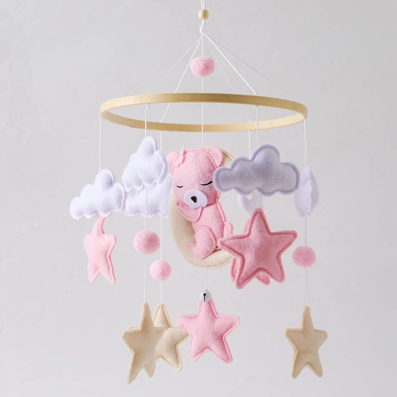 Wooden Crib Mobile Baby Bed Bell Rattle Toy Soft Felt Cartoon Bear Mobile Hanging Newborn Music Box Bed Bell Hanging Bracket Toy