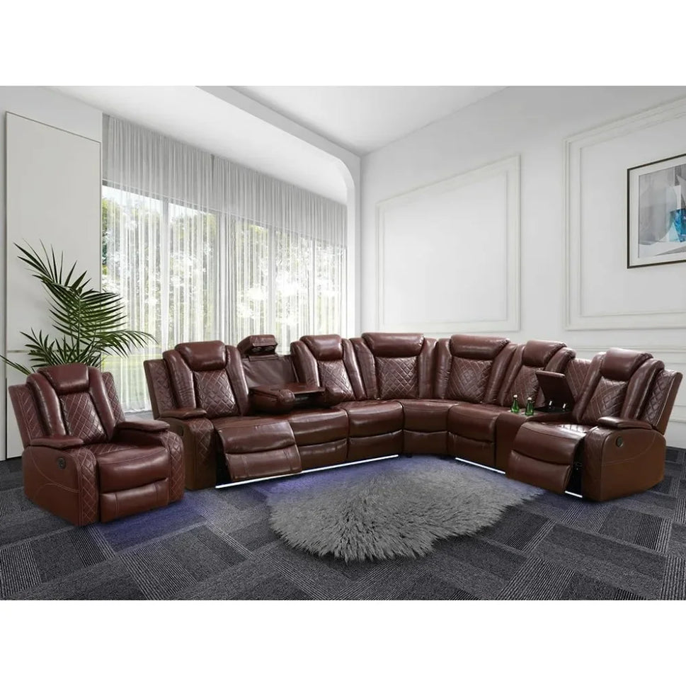 Recliner, Power Recliner Sofa Sectional Couches With LED Light, Leather Reclining Corner Sectional Sofa Set With 3 Recliner Seat