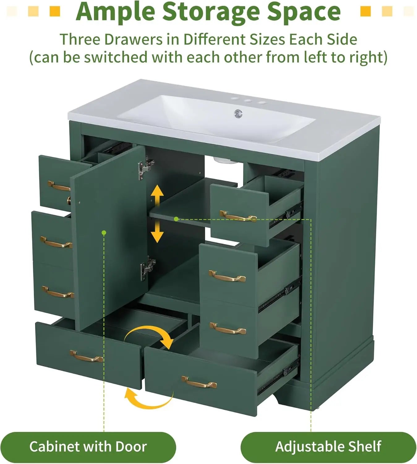 36" Bathroom Vanity with Sink ,6 Drawers & One Cabinet with Adjustable Shelf, Bathroom Cabinet with Ceramic Basin for Bathroom