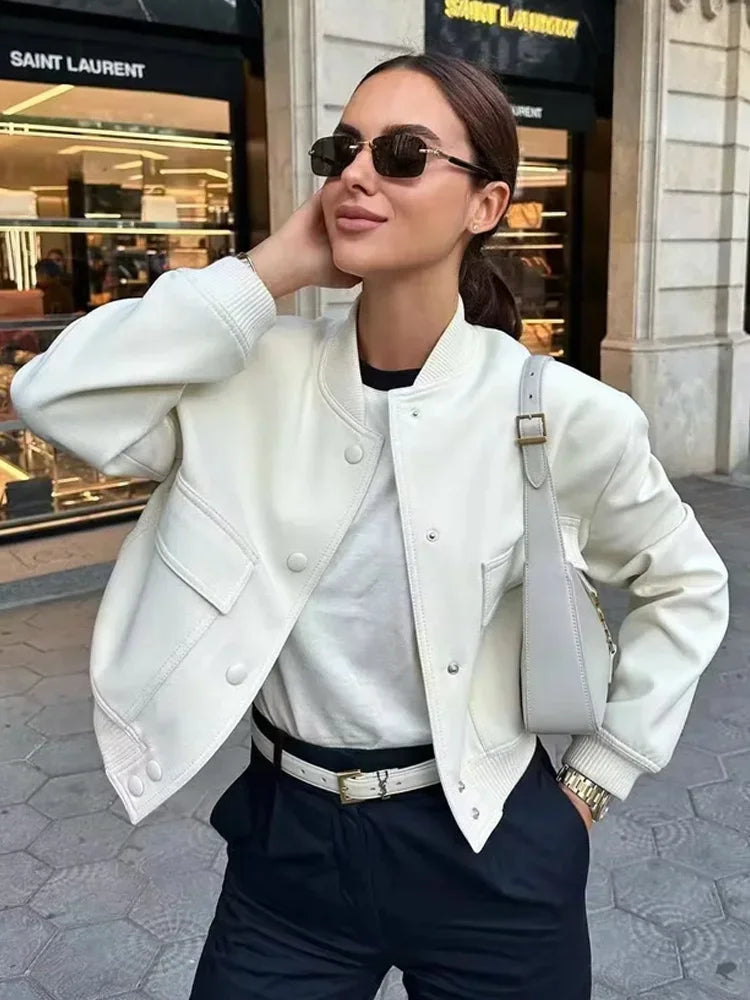 ASDS Women Fashion With Pockets Bomber Jacket Coats Vintage Long Sleeve Front Button Casual Female Outerwear Chic Tops