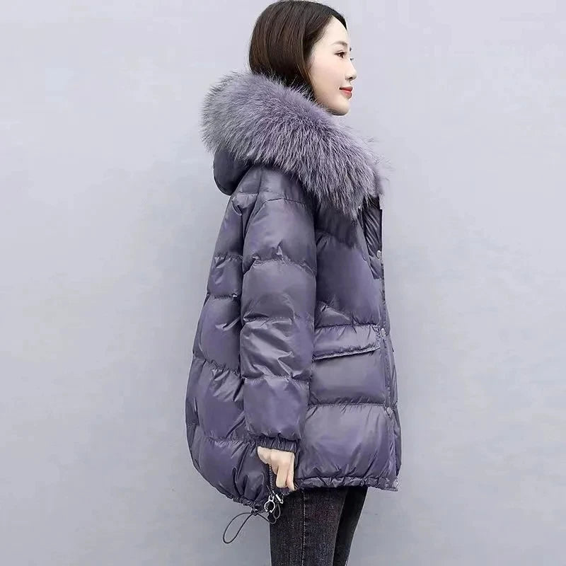 2024 Winter New Warm Down Cotton Jacket With Large Fur collar Hooded Coat Loose Women Thicken Parker Puffer Overcoat Casual wear