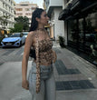 Women Tulle Leopard Print Top with Bandeau Off-the-shoulder Straight-cut Neckline Summer Casual Girls for Summer Blouse