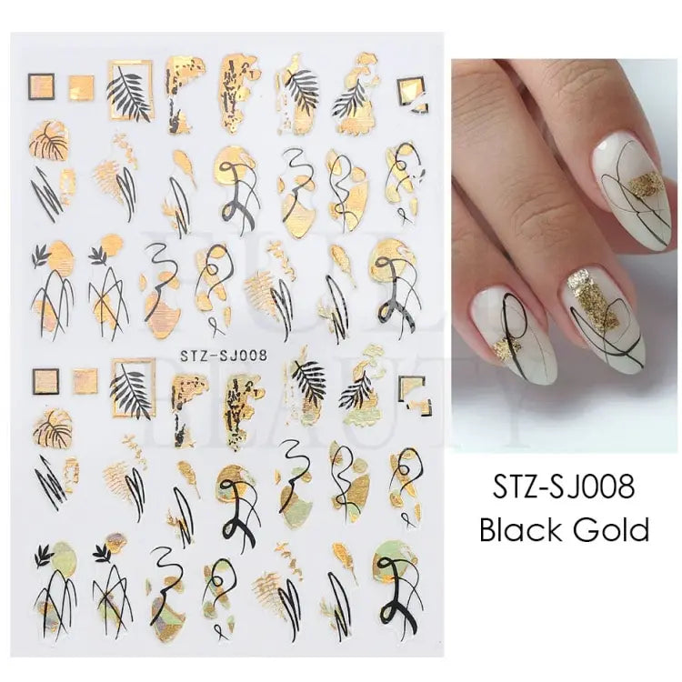 Abstract Geometry Stickers For Nail 3D Laser Gold Black Leaves Heart Line Adhesive Sliders Decor Holographic Decal