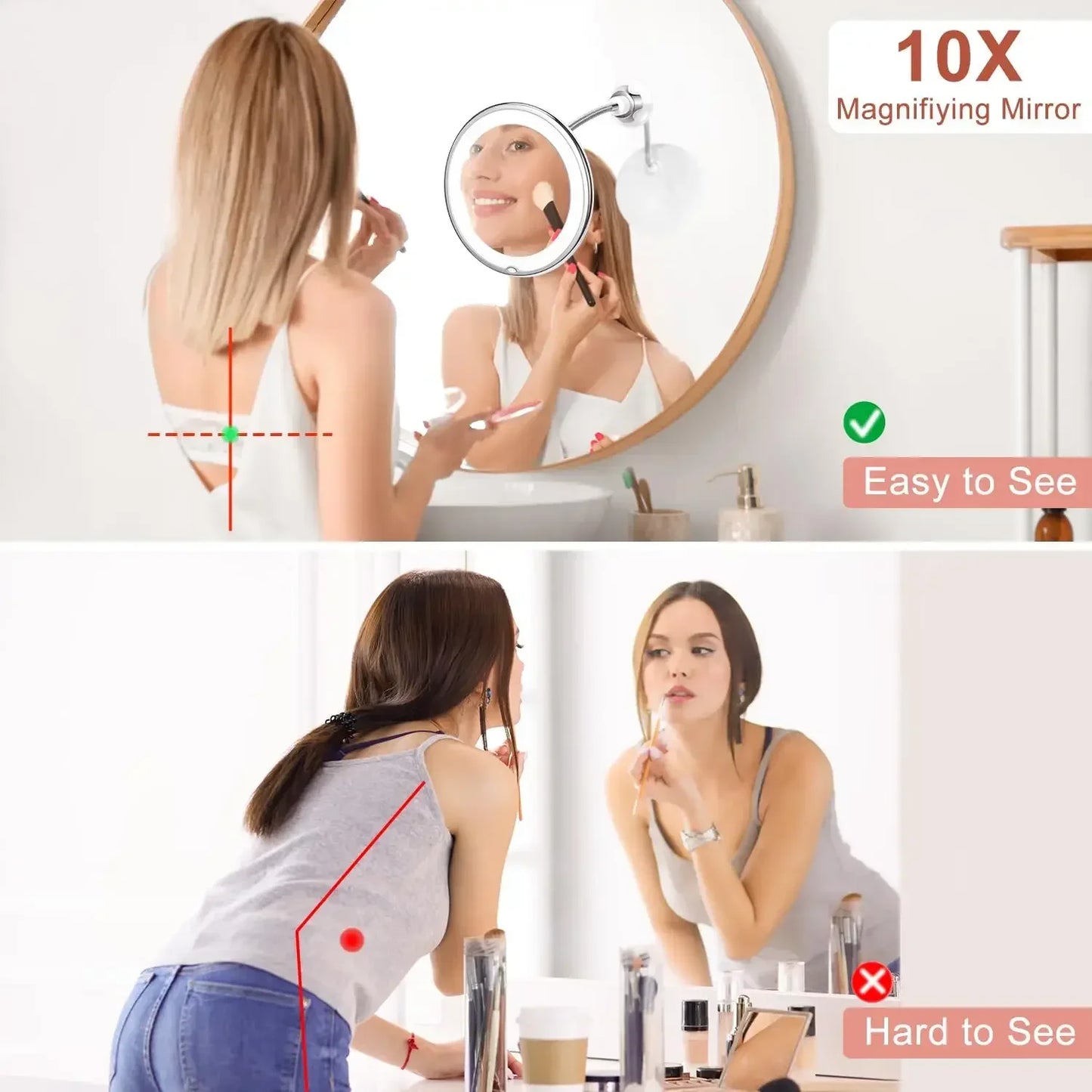  Flexible Makeup Mirror with LED Light 10X Magnifying Cosmetic Gooseneck with Suction Cup Diffused Light 360 Degree Swivel