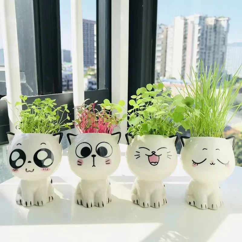 1pc Ceramic Flowerpot Mini Cat Cartoon Cute Plant Desktop Potted Plant Pot DIY Decorate Toys Science Education School Gifts