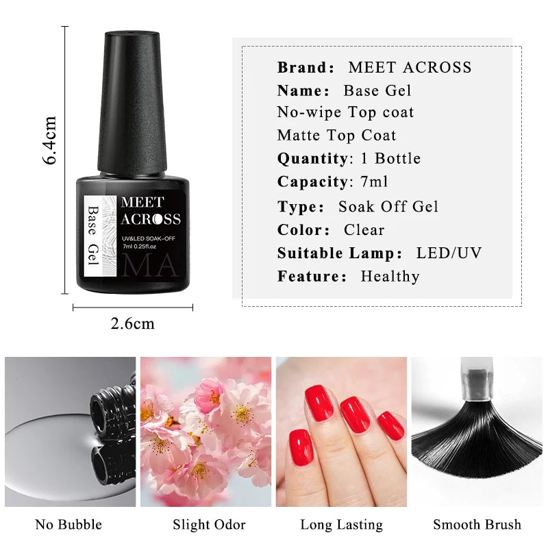 MEET ACROSS 7ml Base Top Coat Gel Polish Soak Off Semi Permanent UV Gel Nail Art Varnish Base Gel Top Coat Gel Varnish Manicure