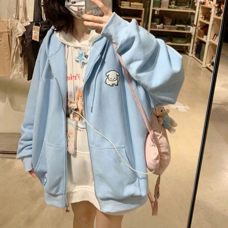 Japanese Kawaii Zip Up Hoodies Women Sweet Girl Star Graphics Embroidery Hooded Sweatshirts Kpop Cute Casual Top Female