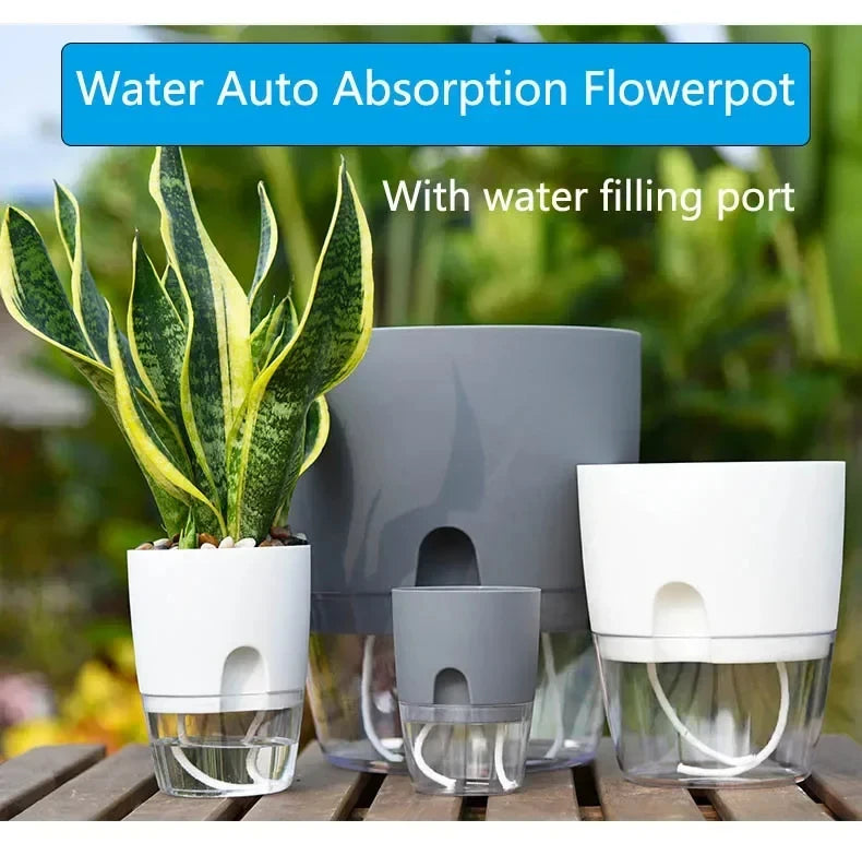 Transparent Double Layer Plastic Flower Pot Self Watering Flowerpot Cotton Rope Watering Small Plant Pot with Injection Port