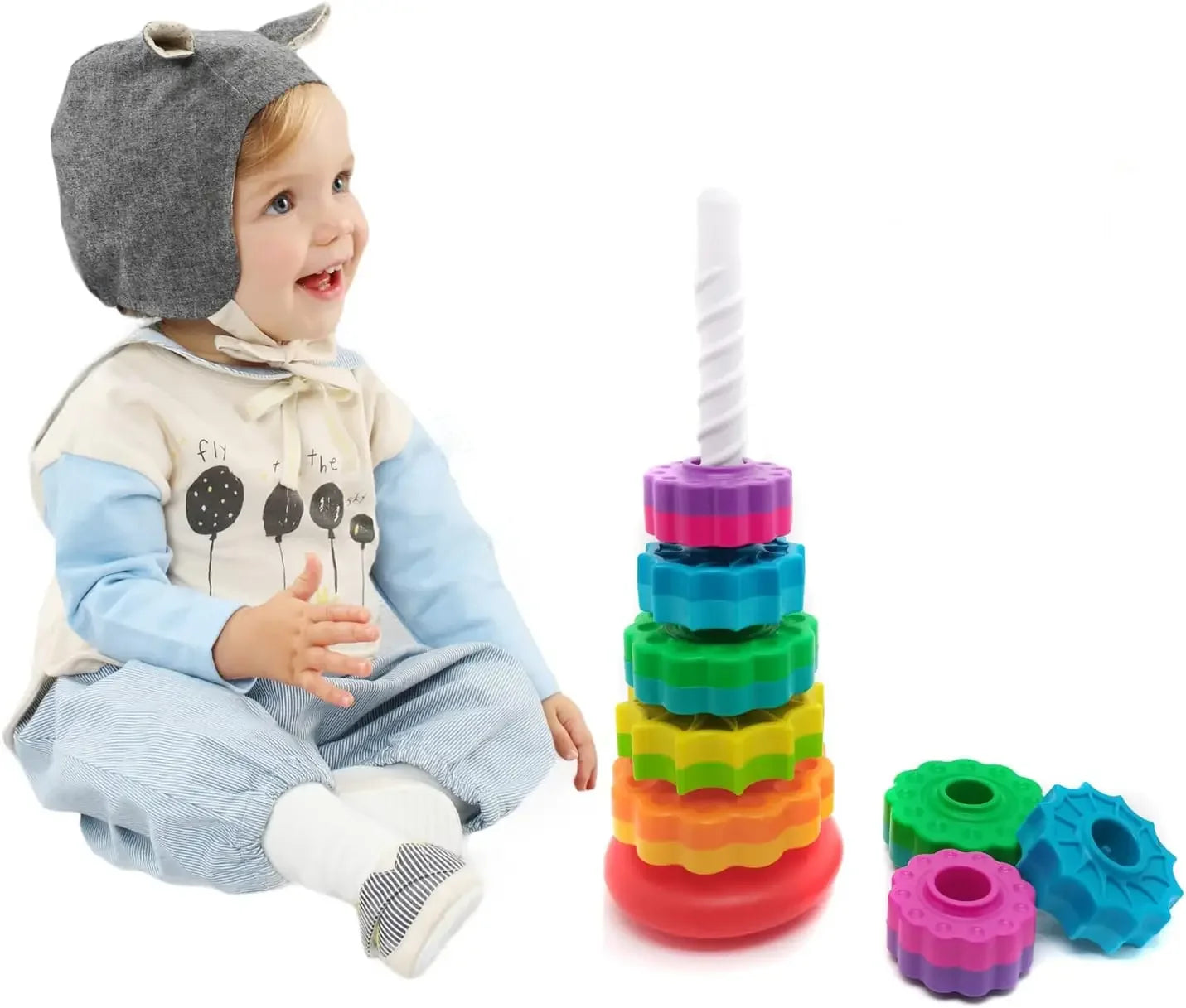 Montessori Rotating Rainbow Tower Baby Stacking Puzzle Toys Safety and Environmental Protection Colored Children's Toys Boy Girl