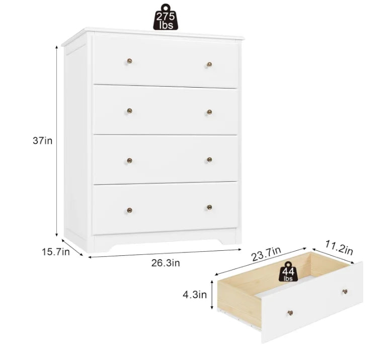 White Dresser 4 Drawer Dressers Chest of Drawers Modern Tall Dresser Wood Drawer Chest Storage Cabinet for Living Room