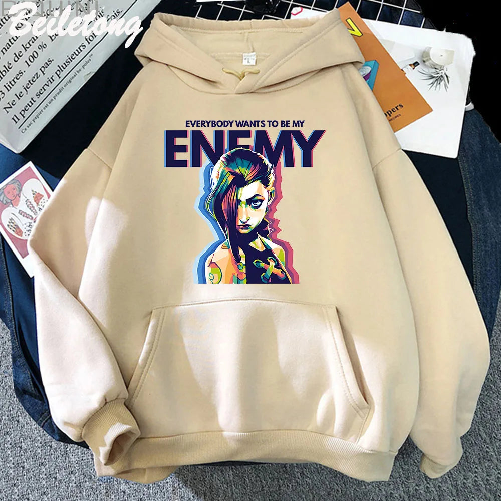 Jinx Arcane Hoodie ENEMY Cool Graphic Print Sweatshirt Women Tracksuit Sudaderas Aesthetic Clothes Streetwear Manga Casual Male