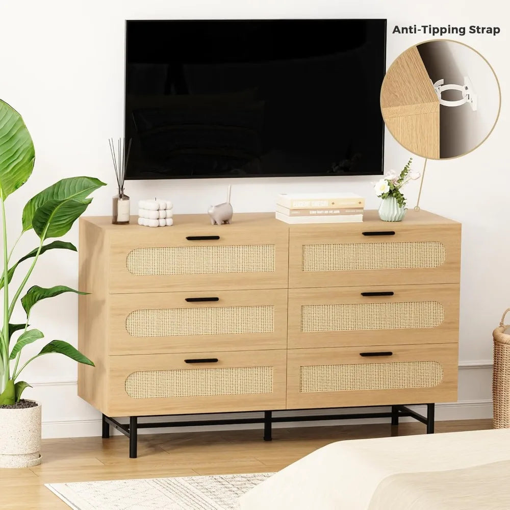 Wooden Dresser for Bedroom, Natural Rattan Dresser with Drawers 6 Drawer Chest of Drawers, Double Dressers Chest for Living Room