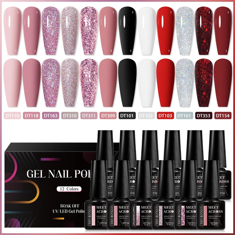 MEET ACROSS 12Pcs/Set 7ml Macaron Gel Nail Polish With Box Semi Permanent UV Gel  Soak Off Nail Art Kit Varnish For Manicure