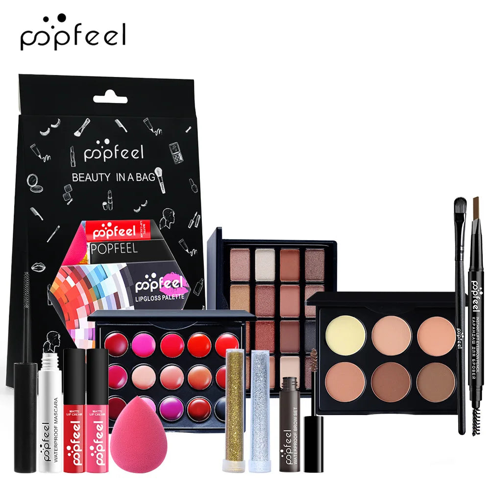 POPFEEL Makeup Full Kit Female Make Up Set Eye Shadow Eyeshadow Palette Lip Gloss Mascara Eyeliner Brushes Bag Make-up for Women